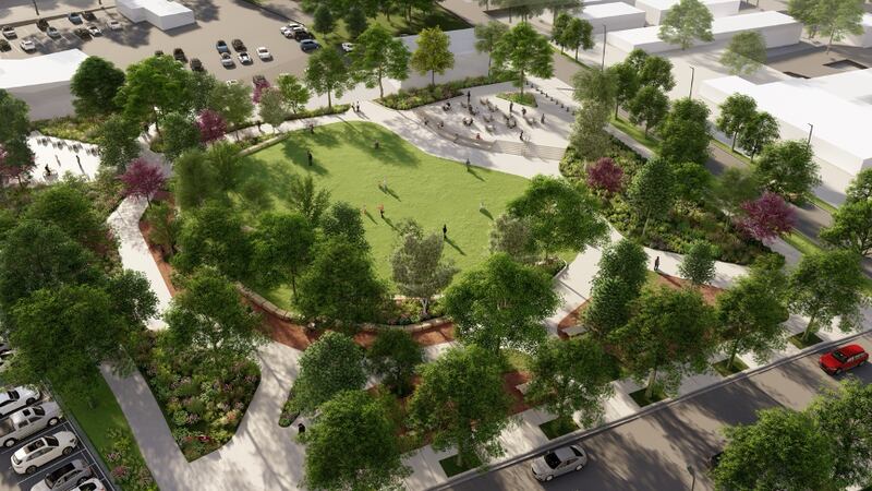 A concept rendering of the proposed Downtown Community Park, illustrating the future space designed to serve as a central gathering place in Glen Ellyn.