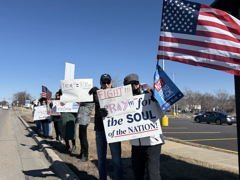 Protestors took to Randall Road in St. Charles, outside the Kane County Circuit Clerk building to protest the recent actions of the white house on March 1, 2025.