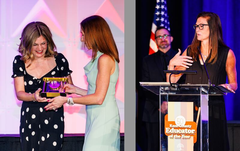 St. Charles East High School Counselor Katie Perkins (left) wins “Student Support Personnel” of the year. St. Charles North High School Principal Shanna Lewis (right) wins “High School Administrator” of the year at the 50th Annual Kane County Awards Banquet hosted in St. Charles on May 1.
