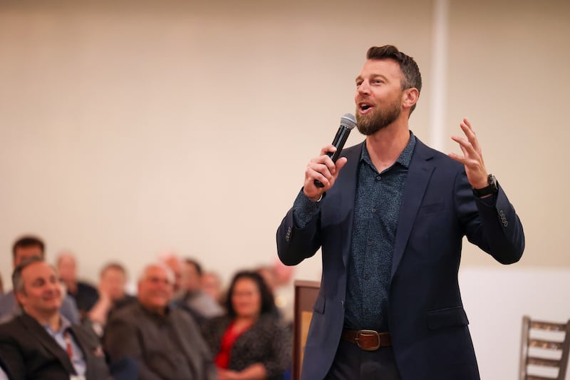 Ben Zobrist, former Olivet Nazarene and Chicago Cubs star player, speaks during the Hundred Club of Kankakee County's annual meeting on Wednesday, Oct. 15, 2025, at the Quality Inn & Suites in Bradley.