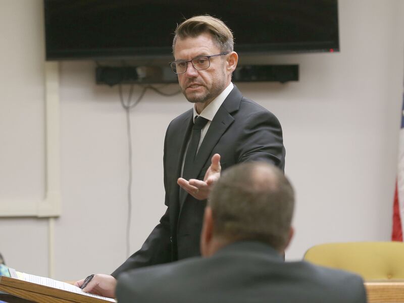 Defense attorney Doug Kramarsic speaks to the jury during opening statements of the trial of Tyler Skerett on Tuesday, Oct. 7, 2025 at the La Salle County Government Complex in Ottawa. Skerett is charged with shooting and killing a 17-year-old boy on Easter Sunday this year.