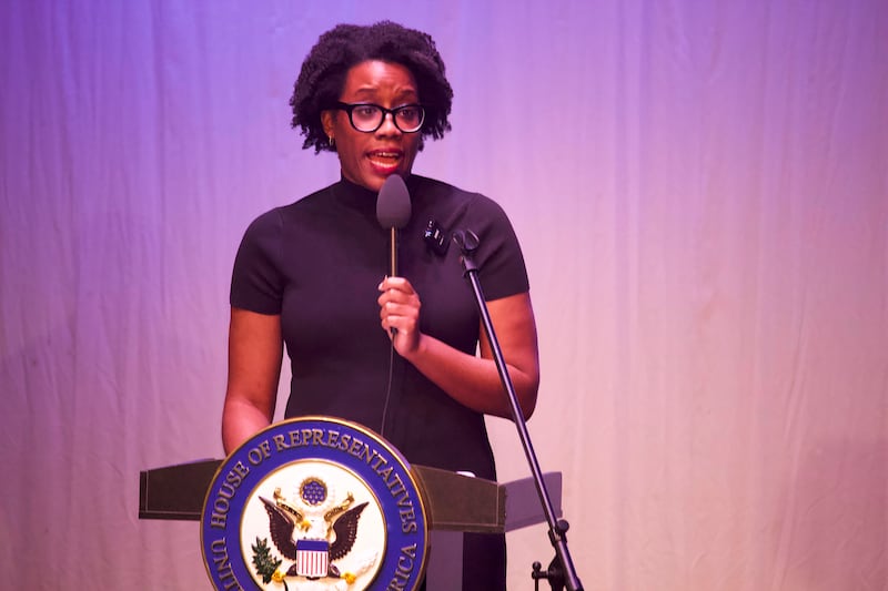 U.S. Rep. Lauren Underwood, D-Naperville, speaks at a town hall on Tuesday, Aug. 5, 2025, at the Billie Limacher Bicentennial Park in Joliet.