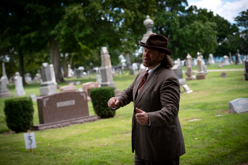 Andy Stephens, of Bourbonnais, portrays Joseph Tolson, a former area dry cleaner and 2nd Ward Alderman at Mound Grove cemetery on Sunday, August 24, 2025.
