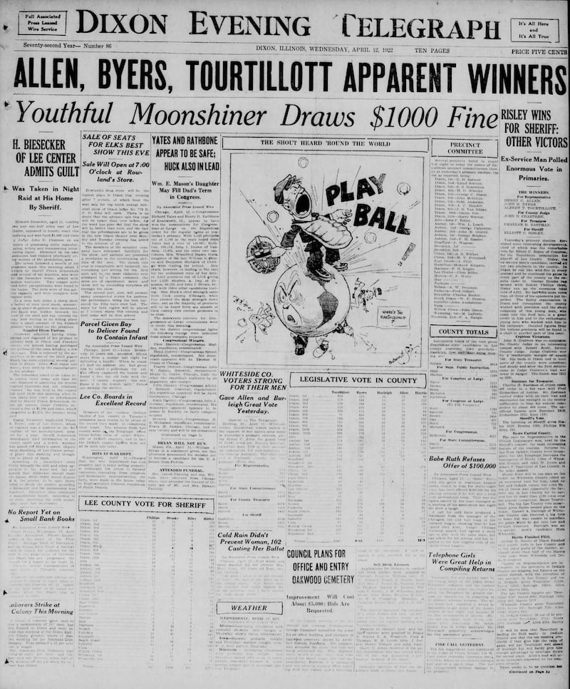 The cover of the Dixon Evening Telegraph for April 12, 1922