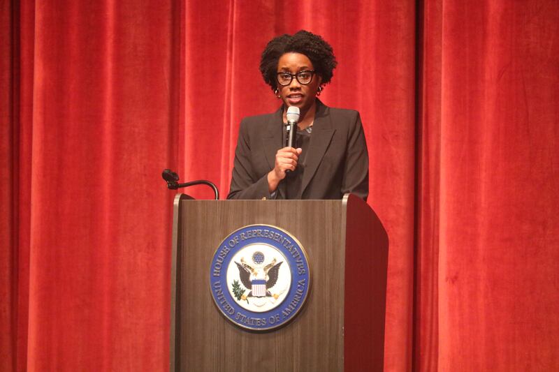 U.S. Rep. Lauren Underwood, D-Naperville, gives a legislative update in her opening remarks April 24, 2025, during a town hall at DeKalb High School.