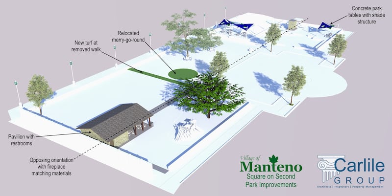 An artist rendition shows the pavilion with restrooms will be placed in the middle of the south end of the Square on Second in Manteno.