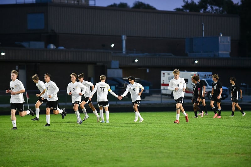 Herscher's Luis Parra (10) is congratulated by teammates after scoring a goal during the Tigers' 4-2 victory over Manteno on Oct. 1, 2024.
