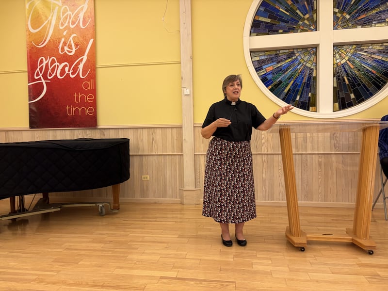 Deacon Pam Shearman speaks during FaithBridge's Thanksgiving program Nov. 23, 2025 in Crystal Lake.