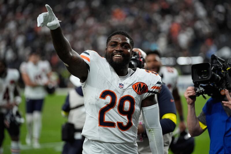 Chicago Bears cornerback Tyrique Stevenson (29) celebrates after an NFL football game between the Las Vegas Raiders and the Chicago Bears, Sunday, Sept. 28, 2025, in Las Vegas. (AP Photo/John Locher)