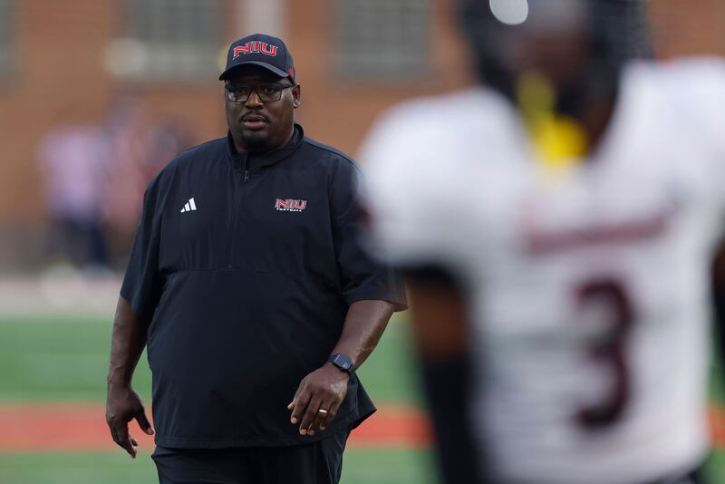 Northern Illinois head coach Thomas Hammock walks the field before an NCAA football game against Maryland on Friday, Sept. 5, 2025, in College Park, Md. (AP Photo/Mike Buscher)