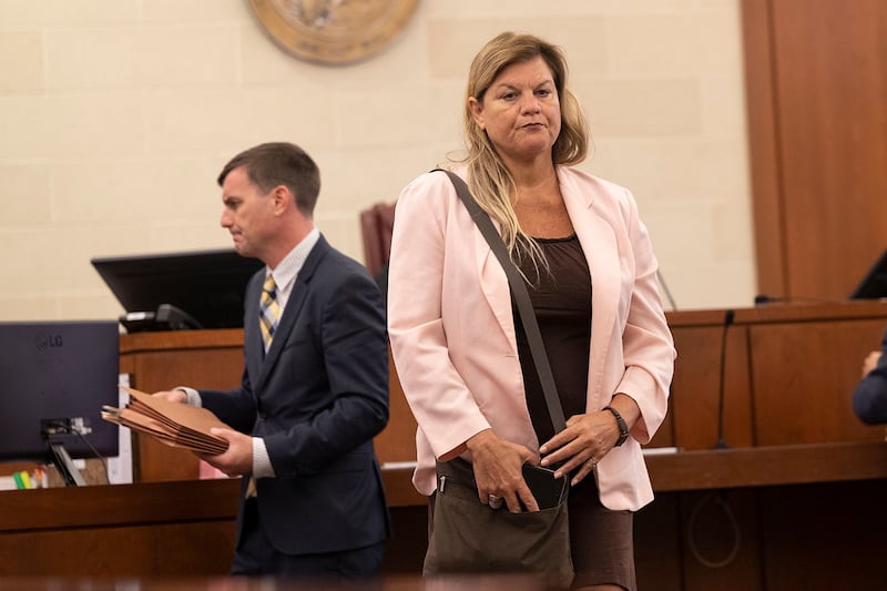 Jodie Wiederkehr appears in Ogle County court Wednesday, October. 1, 2025. Wiederkehr is charged with calling in false reports of a shooting at a rural Rochelle farm.