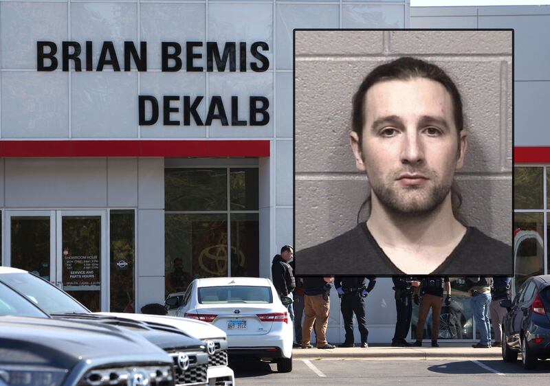 Charles M. Tripicchio, 32, is charged with armed violence, a Class X felony, after police said he attacked employees on Oct. 23, 2024, with two pocket knives inside Brian Bemis Toyota auto dealership in DeKalb. Charges were announced Thursday, Oct. 31, 2024. (Inset photo provided by DeKalb County Jail)