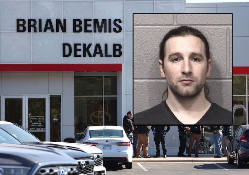 Charles M. Tripicchio, 32, is charged with armed violence, a Class X felony, after police said he attacked employees on Oct. 23, 2024, with two pocket knives inside Brian Bemis Toyota auto dealership in DeKalb. Charges were announced Thursday, Oct. 31, 2024. (Inset photo provided by DeKalb County Jail)