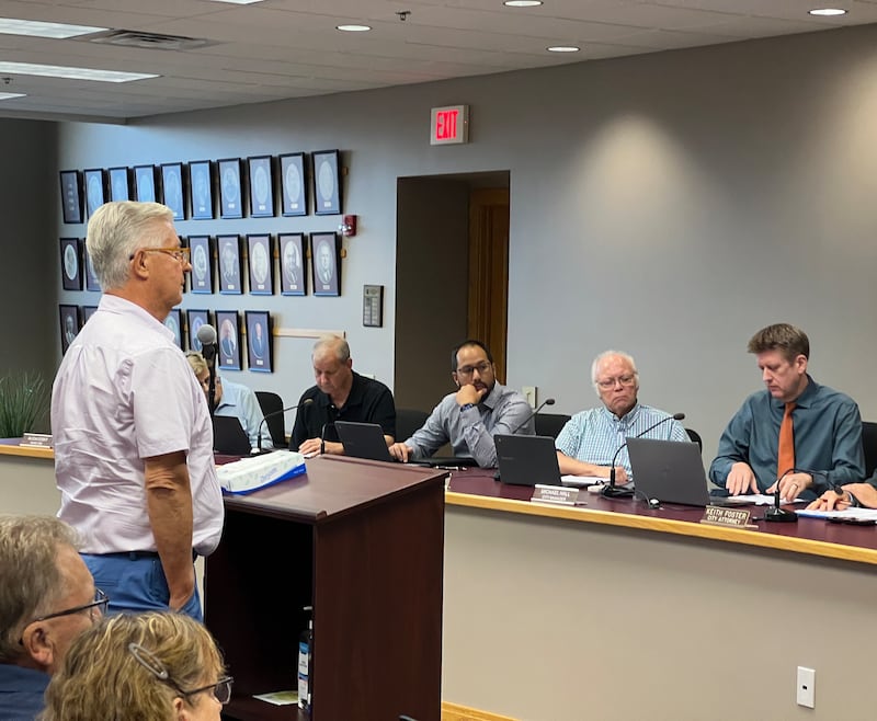 John Pappas, of Pappas Development, spoke to the Sycamore City Council, including 1st Ward Alderman Alan Bauer, 2nd Ward Aldermen Chuck Stowe and Mike Rodriguez as well as city manager Michael Hall, on Sept. 15, 2025, about Primm Prairie Commercial Subdivision.