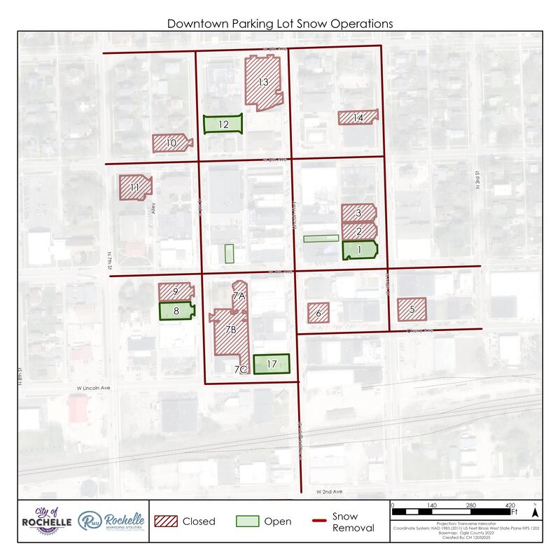 The city of Rochelle public works department will begin removing snow from downtown area sidewalks, parking stalls and parking lots on Friday, Dec. 5 starting at 2 a.m.