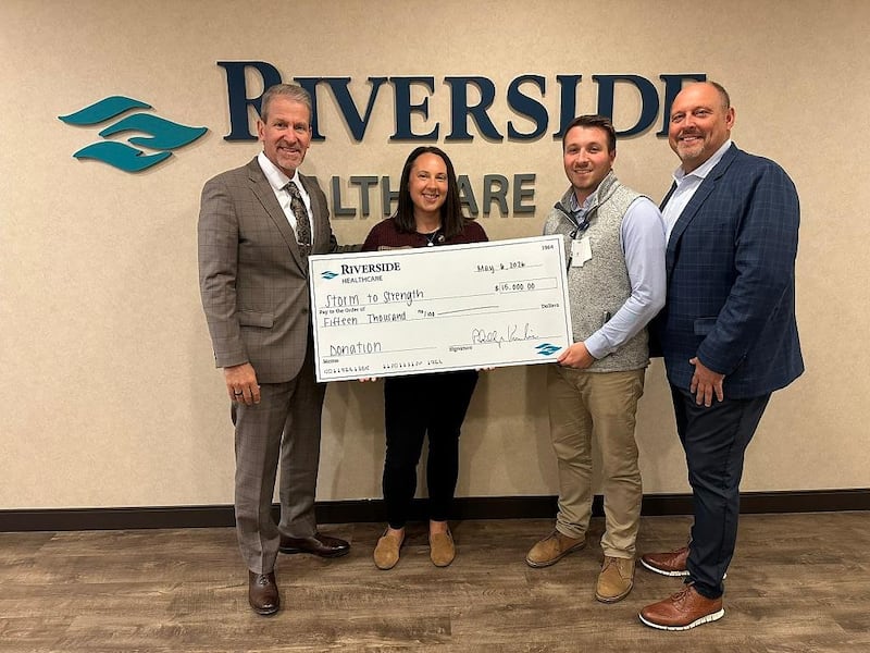 Present for the presentation are Kambic, Storm to Strength board member Meghan Elliott, Riverside ER Manager, Storm to Strength board member Drew Ogrentz, and Storm to Strength board member Steve Harrison.