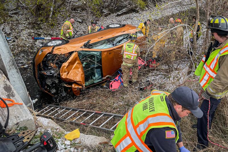 Kreutzer Road in Huntley was closed for more than an hour on the morning of Monday, Nov. 10, 2025, as firefighters rescued a man whose car went through a guardrail and down the embankment.