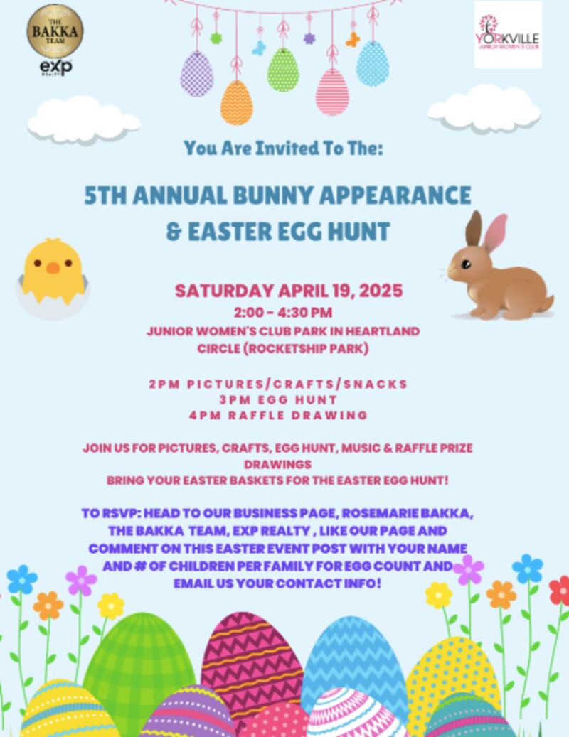 An event featuring an Easter egg hunt and photos will the Easter bunny is on Saturday, April, 19 in Yorkville.