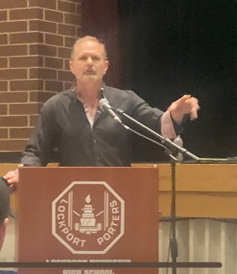 Lockport Mayor Steven Streit addresses the crowd at a data center workshop meeting on Tuesday, May 27, 2026.