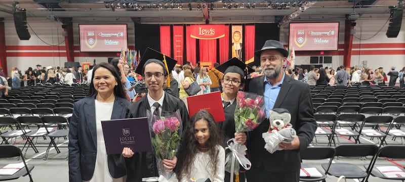 The Bamburac family is seen on Friday, May 16, 2025, at Lewis University in Romeoville. Pictured (from left) is Sally Lou F. Bamburac (mother), Stefan F. Bamburac, Sarah F. Bamburac,, Benyamin F. Bamburac and Djordje Bamburac (father).