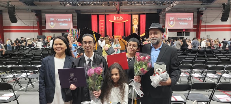 The Bamburac family is seen on Friday, May 16, 2025, at Lewis University in Romeoville. Pictured (from left) is Sally Lou F. Bamburac (mother), Stefan F. Bamburac, Sarah F. Bamburac,, Benyamin F. Bamburac and Djordje Bamburac (father).