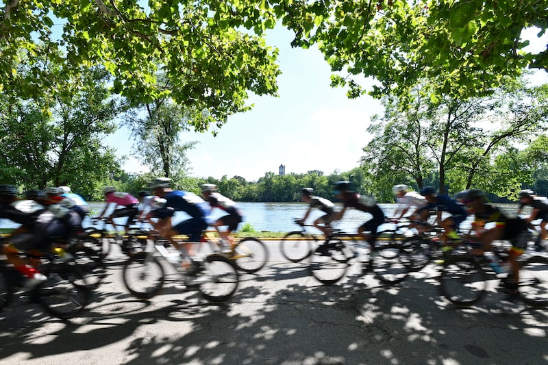 Riders in the pro category speed along Cobb Boulevard on Sunday afternoon during the 2023 Cobb Park Criterium, the annual bicycle races hosted by the South Chicago Wheelmen since the early 1980s in Kankakee's Cobb Park.