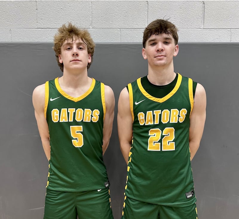 Carson Trivellini (left) finished with 26 points and 5 rebounds, while Nick Stowasser (right) had 12 points and 8 rebounds in a 63-60 win over Burlington Central.