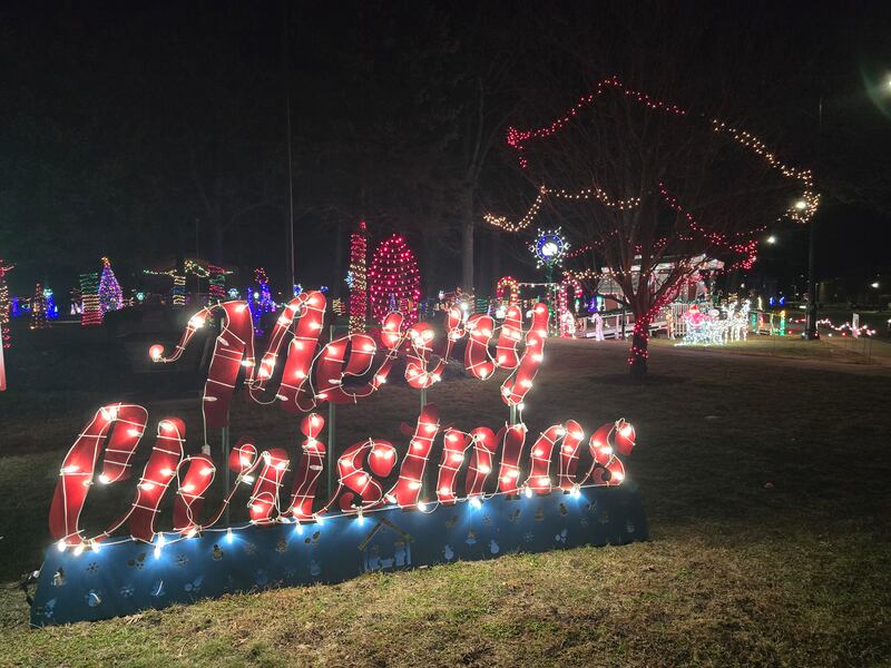 A "Merry Christmas" sign welcomes visitors to Streator City Park. There are thousands of lights strung across the park by Light Up Streator volunteers.