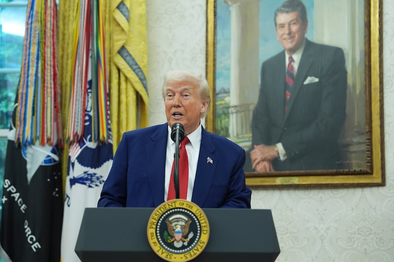 President Donald Trump speaks during a swearing in ceremony for interim U.S. Attorney General for the District of Columbia Jeanine Pirro, Wednesday, May 28, 2025, in the Oval Office of the White House in Washington. (AP Photo/Evan Vucci)