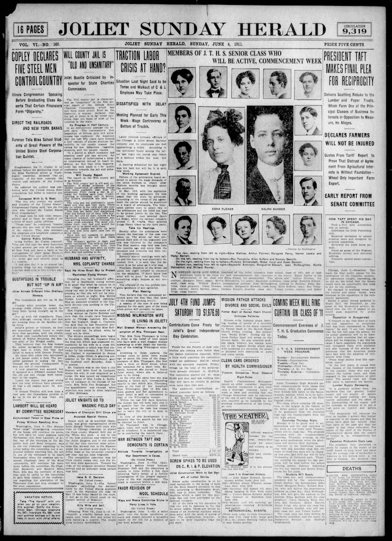 The cover of the Joliet Evening Herald for June 4, 1911