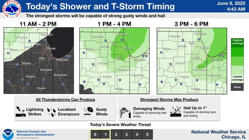 The storm forecast for northern Illinois for June 9, 2025, from the National Weather Service