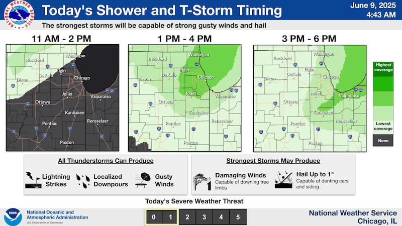 The storm forecast for northern Illinois for June 9, 2025, from the National Weather Service
