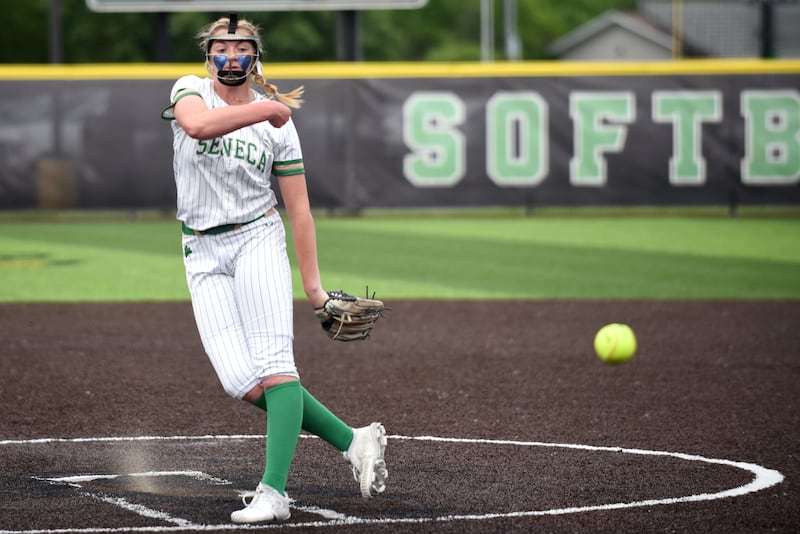 Seneca's Tessa Krull throws a pitch during the Class 2A Seneca Sectional semifinals against Coal City Tuesday, May 27, 2025.