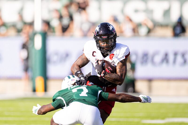 NIU wide receiver DeAree Rogers looks for extra yards in the Huskies' 48-21 loss to Ohio on Saturday, October 18, 2025.