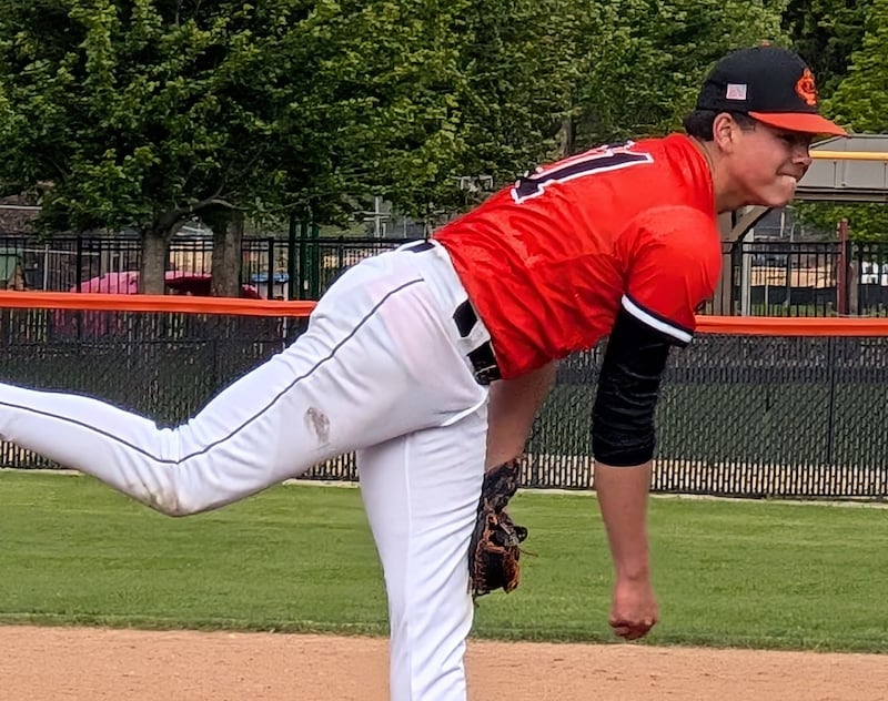 Crystal Lake Central's Danny Adams delivers a pitch against Prairie Ridge in a Fox Valley Conference baseball game Wednesday, May 6, 2026, at Crystal Lake Central High School.