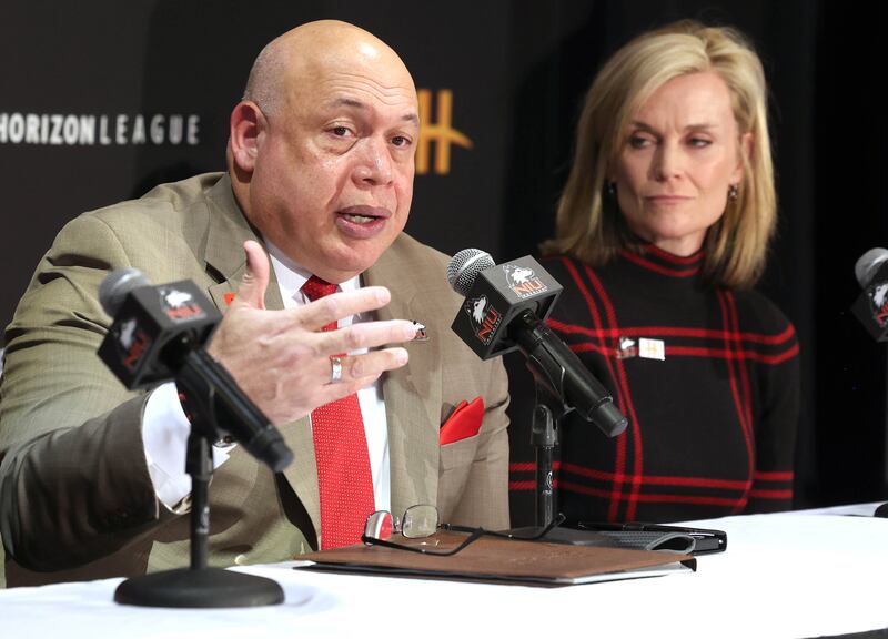 Northern Illinois University Vice President and Director of Athletics, and Recreation, Sean Frazier, speaks as Horizon League Commissioner Julie Roe Lach looks on during a press conference Thursday, Feb. 27, 2025, at the Convocation Center to announce that NIU will be joining the Horizon League starting with the fall 2026 season for most sports other than football.