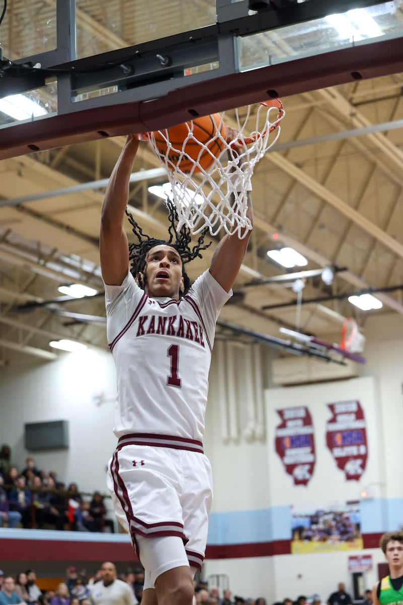 Kankakee's Lincoln Williams dunks the ball during the Kays' 83-44 victory over Chicago Ag in the 75th Kankakee Holiday Tournament opening round on Friday, Dec. 26, 2025.