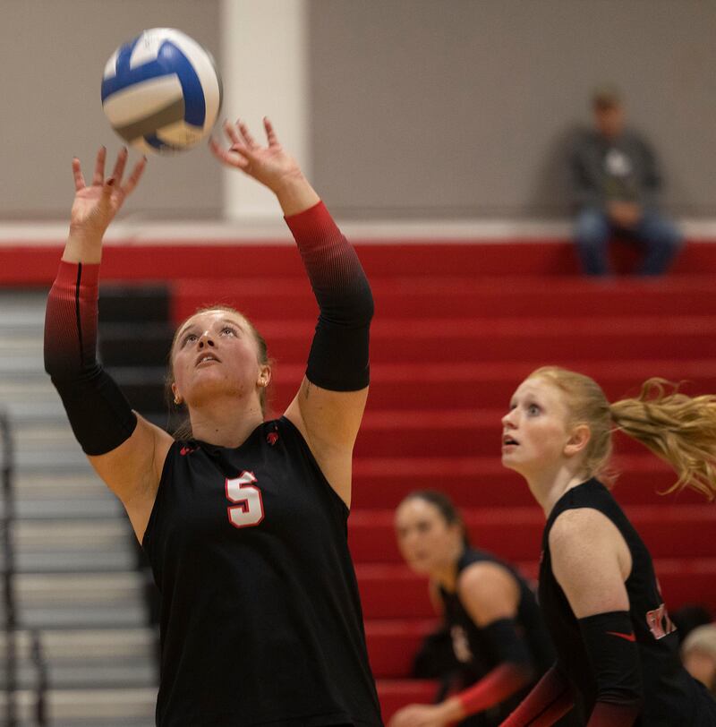 Sauk Valley’s Denali Stonitsch sets the ball against Triton College Wednesday, Nov. 5, 2025, during the Regional IV tournament.