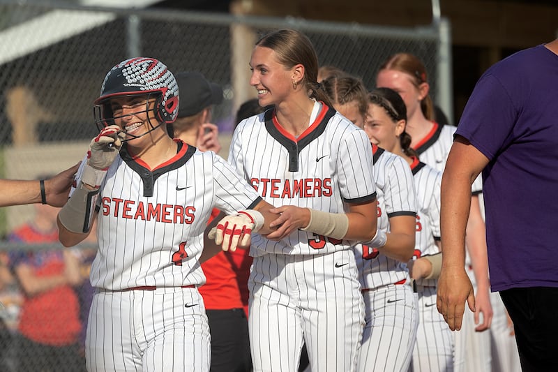 Fulton’s Zoe Kunau (left) celebrates her two-run walk off homer to defeat Orangeville Tuesday, May 26, 2026, at the Eastland Class 1A softball sectional quarterfinal.