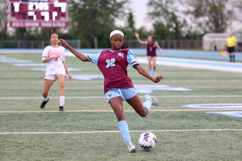 Kankakee's Alina Mkhwanazi shoots on goal during the Kays' 5-0 win against Blue Island Eisenhower in the Class 2A Kankakee Regional semifinals on Tuesday, May 19, 2026.