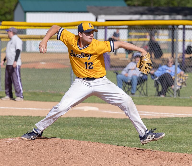 Sterling’s Drew Nettleton fires a pitch against Dixon Friday, May 23, 2025.