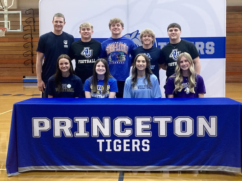 Nine Princeton High School seniors participated in the Tigers' signing day on Tuesday evening at Prouty Gym. They are (front from left), Keighley Davis, Camryn Driscoll, Kathy Maciczak and Avery Waca; and (back row), Bradyn Kruse, Common Green, Casey Etheridge, Augustus Swanson and Rhett Pearson.