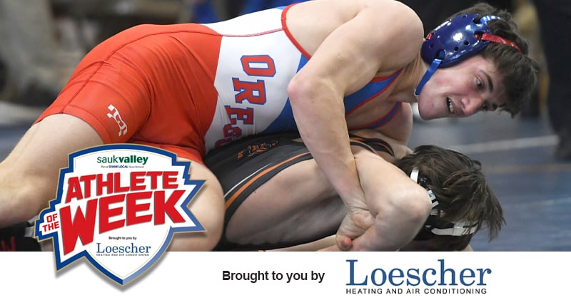 Oregon junior wrestler Nelson Benesh is the Sauk Valley Athlete of the Week, presented by Loescher Heating and Air Conditioning. He was the Class 1A Oregon Sectional champion at 138 pounds and finished fifth at state.