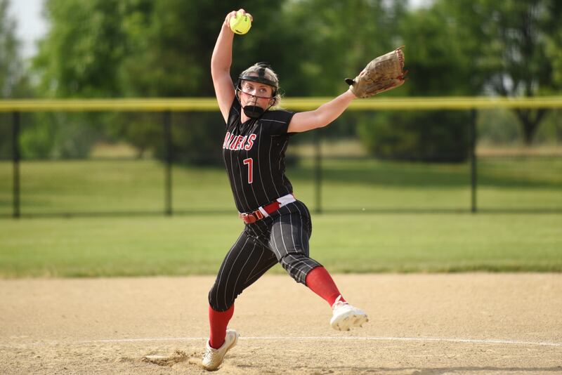 Bradley-Bourbonnais' Lydia Hammond throws a pitch during the IHSA Class 4A Normal Community West Sectional semifinals against Minooka Tuesday, June 3, 2025.