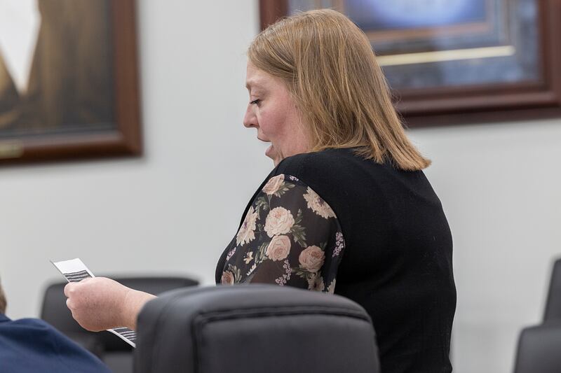 Kristin Kisich reads a statement in Lee County Court on Wednesday, Feb. 4, 2026. Kisich pleaded guilty to leaving the scene of a motor vehicle accident that led to the death of Patrick Yocum.