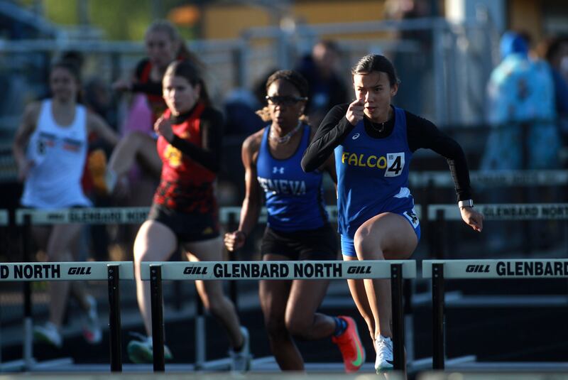 Wheaton North’s Sophia Dalrymple (far right) competes in the 100-meter hurdles during the DuKane Conference Girls Outdoor Championship on Thursday, May 8, 2025 at Glenbard North in Carol Stream.
