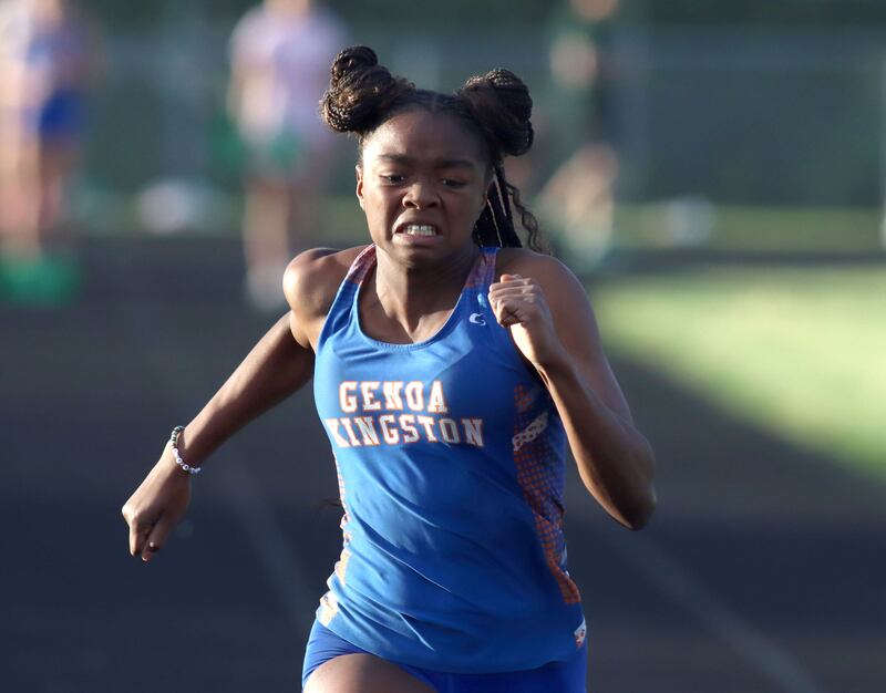 Genoa-Kingston’s Natasha Bianchi runs the 100-meter dash in IHSA Class 2A Girls Sectional Track action at Genoa-Kingston School in Genoa on Friday, May 16, 2025.