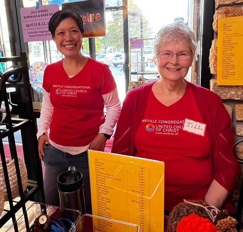 Diane Stablein, left, and Jill Mickelson are among the members of the Yorkville Congregational Church helping set up for the spring rummage and bake sale April 11 and 12.
