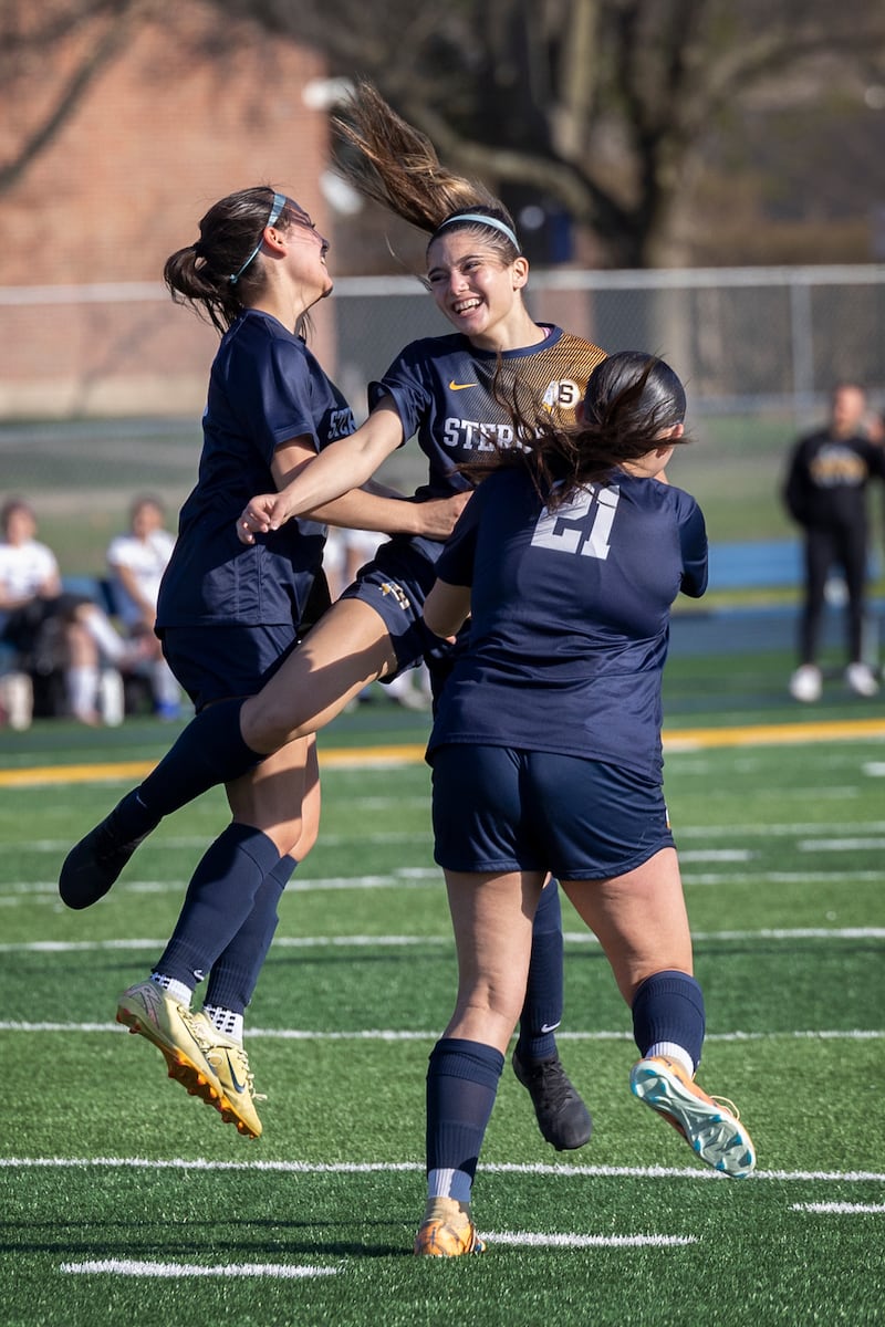 Sterling’s Sophia Georgieva leaps into her teammates after scoring a goal against Mendota Wednesday, April 8, 2026.
