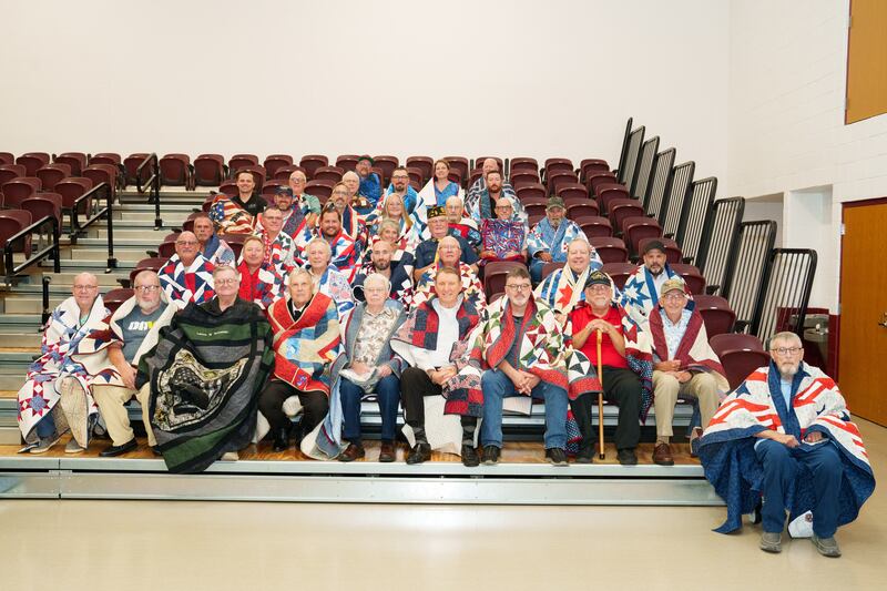 The Quilts of Valor presented 44 veterans with quilts during a ceremony at Saratoga Elementary School on Sunday, Aug. 10, 2025.